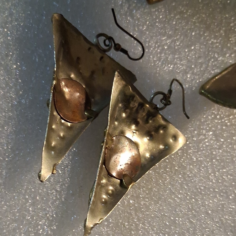 1970s Artisan Brass Copper & Silver. Geometric Cuff Bracelet W Matching Earrings - Picture 8 of 10